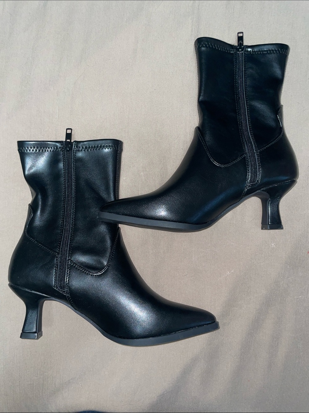 Soda Black Pointed-Toe Mid-Calf Kitten Heel Boots